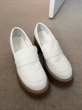 Altar'd State White Leather Platform Penny Loafers with Brown Stacked Sole